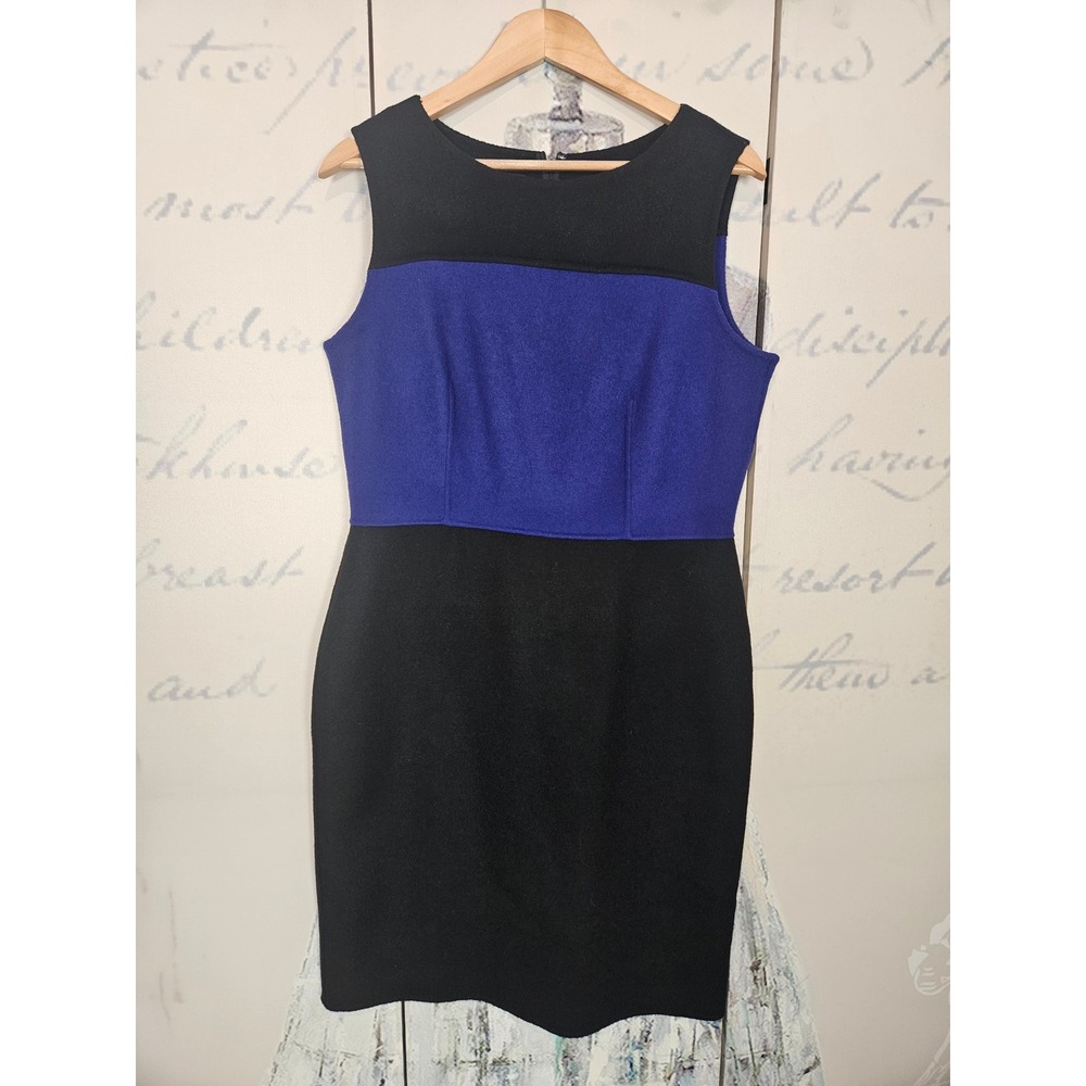 Talbots Womens Size 12 Wool Blend Colorblock Sheath‎ Dress Black Blue Sleeveless